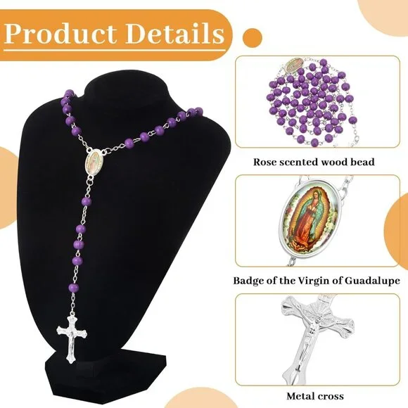 36 Pcs Wooden Bead Rosary Necklaces with Crucifix & Our Lady of Guadalupe in 6 C